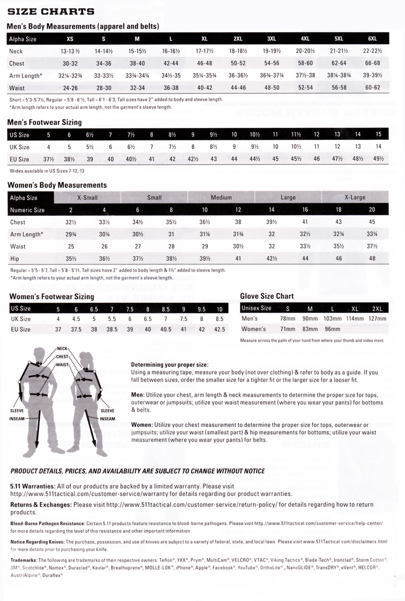 511 Belt Size Chart